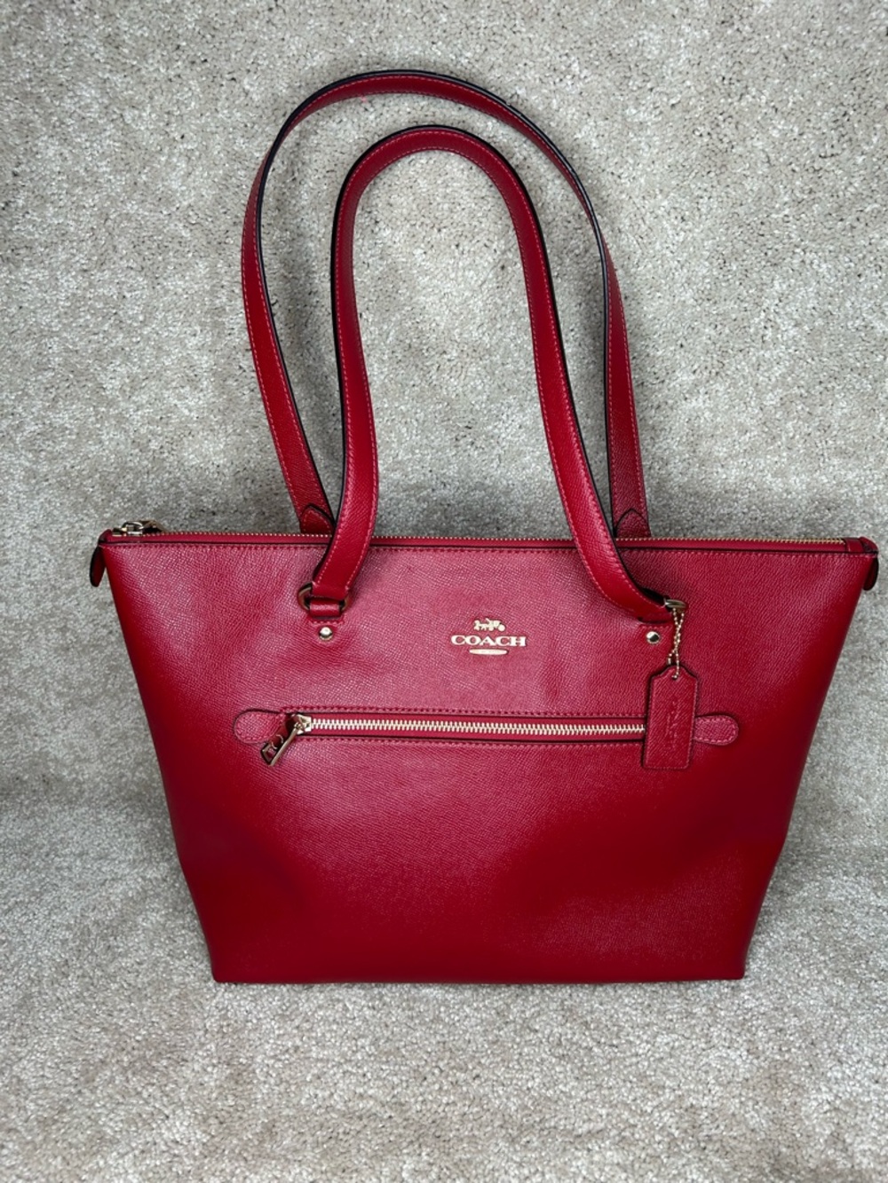 COACH 79608 Gallery Tote Crossgrain Leather Shoulder Bag Gold/Red Apple - Picture 2 of 12